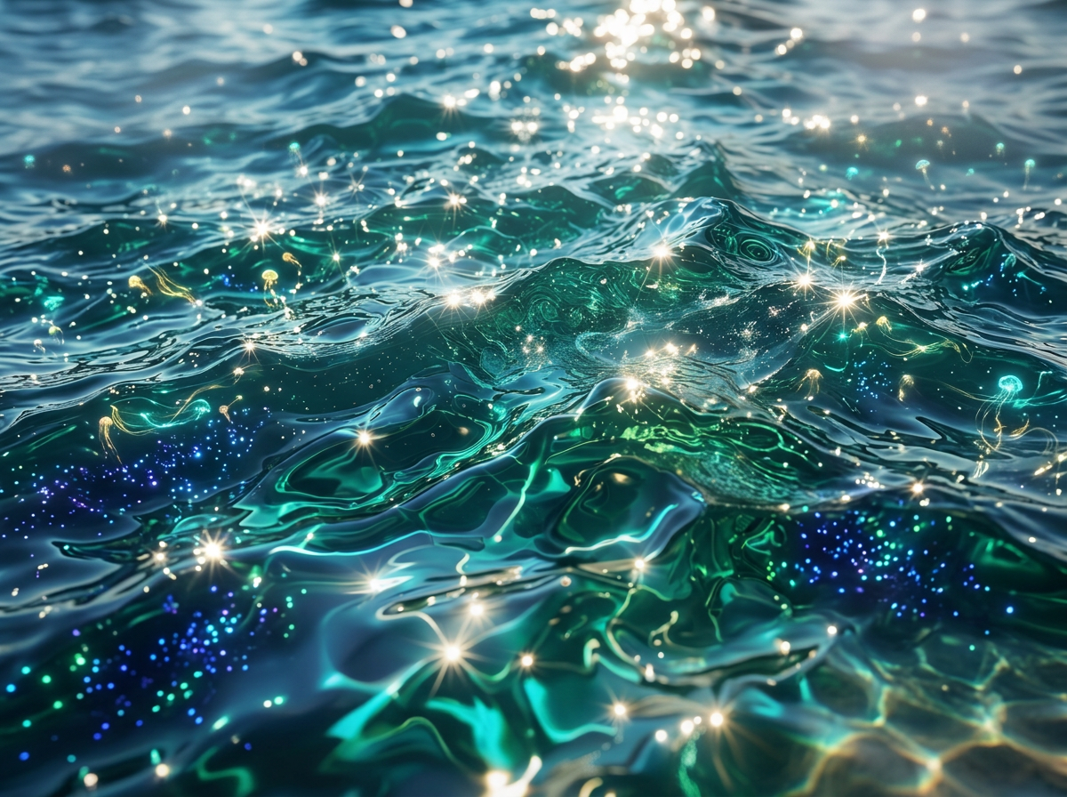 Ocean Water With Sparkling Light Effects Turquoise And Deep Blue Colors Ethereal Glow Whimsical Atmosphere Magical Shimmer On Waves Mysterious Depths Enchanting And Playful Mood