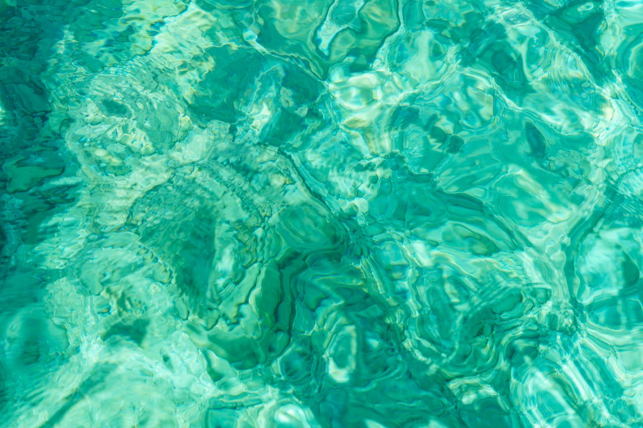 Vibrant abstract view of turquoise water with sunlight reflections creating mesmerizing patterns.